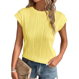 image:imagePRETTYGARDEN Blouses for Women Dressy Casual 2026 Spring Summer Business Office Tops Cap Sleeve Textured Cute Work ShirtTender Yellow
