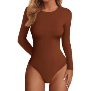 image:imagePRETTYGARDEN Bodysuits for Women 2026 Spring Long Sleeve Shirts Fitted Basic Ribbed Layering Tops Fall Fashion Winter ClothesCamel