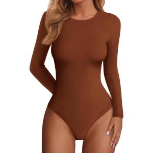 image:imagePRETTYGARDEN Bodysuits for Women 2026 Spring Long Sleeve Shirts Fitted Basic Ribbed Layering Tops Fall Fashion Winter ClothesCaramel