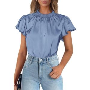 image:imagePRETTYGARDEN Business Casual Tops for Women Blouses Dressy 2026 Summer Short Sleeve Ruffle Satin Work Office AttireBlue