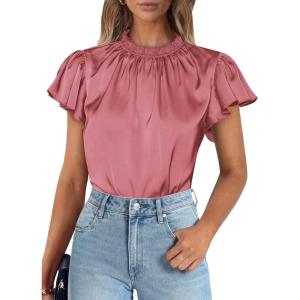 image:imagePRETTYGARDEN Business Casual Tops for Women Blouses Dressy 2026 Summer Short Sleeve Ruffle Satin Work Office AttireDusty Pink