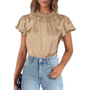 image:imagePRETTYGARDEN Business Casual Tops for Women Blouses Dressy 2026 Summer Short Sleeve Ruffle Satin Work Office AttireKhaki