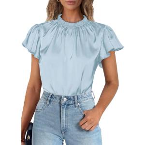 image:imagePRETTYGARDEN Business Casual Tops for Women Blouses Dressy 2026 Summer Short Sleeve Ruffle Satin Work Office AttireLight Blue