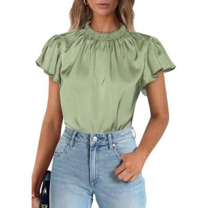 image:imagePRETTYGARDEN Business Casual Tops for Women Blouses Dressy 2026 Summer Short Sleeve Ruffle Satin Work Office AttireMint Green
