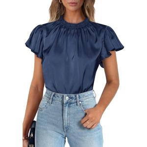 image:imagePRETTYGARDEN Business Casual Tops for Women Blouses Dressy 2026 Summer Short Sleeve Ruffle Satin Work Office AttireNavy