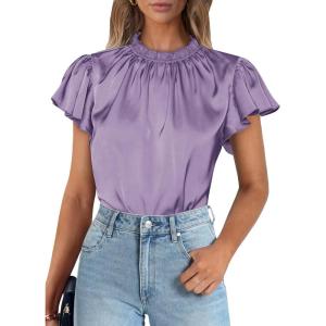 image:imagePRETTYGARDEN Business Casual Tops for Women Blouses Dressy 2026 Summer Short Sleeve Ruffle Satin Work Office AttirePurple
