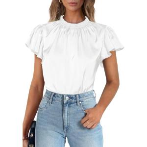image:imagePRETTYGARDEN Business Casual Tops for Women Blouses Dressy 2026 Summer Short Sleeve Ruffle Satin Work Office AttireWhite