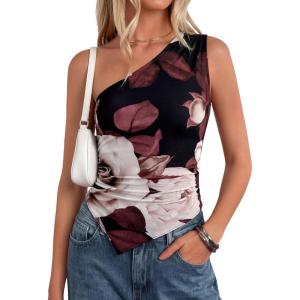 image:imagePRETTYGARDEN Going Out Tops for Women Floral Mesh Y2K Shirt 2026 Summer One Shoulder Asymmetrical Spring Vacation ClothesBlack Apricot Floral