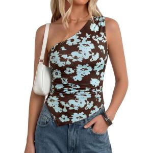 image:imagePRETTYGARDEN Going Out Tops for Women Floral Mesh Y2K Shirt 2026 Summer One Shoulder Asymmetrical Spring Vacation ClothesBrown Blue Floral
