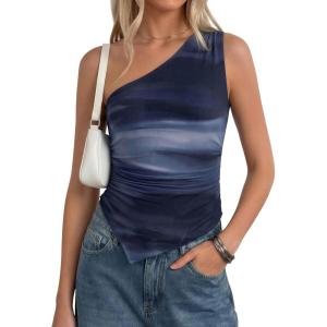 image:imagePRETTYGARDEN Going Out Tops for Women Floral Mesh Y2K Shirt 2026 Summer One Shoulder Asymmetrical Spring Vacation ClothesGradient Blue