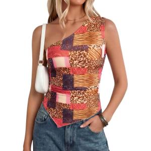 image:imagePRETTYGARDEN Going Out Tops for Women Floral Mesh Y2K Shirt 2026 Summer One Shoulder Asymmetrical Spring Vacation ClothesKhaki Leopard