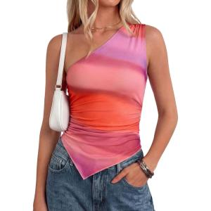 image:imagePRETTYGARDEN Going Out Tops for Women Floral Mesh Y2K Shirt 2026 Summer One Shoulder Asymmetrical Spring Vacation ClothesMulticolor Print