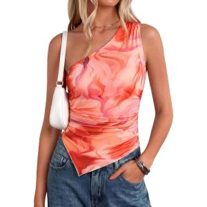 image:imagePRETTYGARDEN Going Out Tops for Women Floral Mesh Y2K Shirt 2026 Summer One Shoulder Asymmetrical Spring Vacation ClothesOrange Watercolor