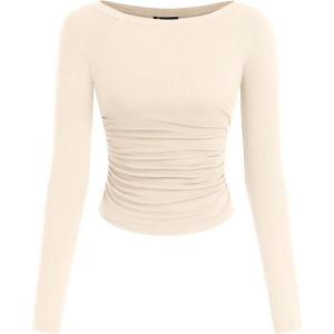 image:imagePRETTYGARDEN Long Sleeve Shirts for Women 2026 Fall Ruched Sides Boat Neck Basic Tee Casual Fitted Ribbed Knit Crop TopsBeige