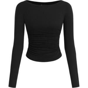 image:imagePRETTYGARDEN Long Sleeve Shirts for Women 2026 Fall Ruched Sides Boat Neck Basic Tee Casual Fitted Ribbed Knit Crop TopsBlack