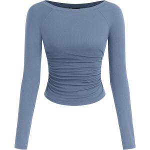 image:imagePRETTYGARDEN Long Sleeve Shirts for Women 2026 Fall Ruched Sides Boat Neck Basic Tee Casual Fitted Ribbed Knit Crop TopsBlue Grey