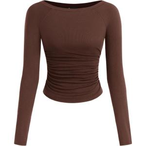 image:imagePRETTYGARDEN Long Sleeve Shirts for Women 2026 Fall Ruched Sides Boat Neck Basic Tee Casual Fitted Ribbed Knit Crop TopsBrown