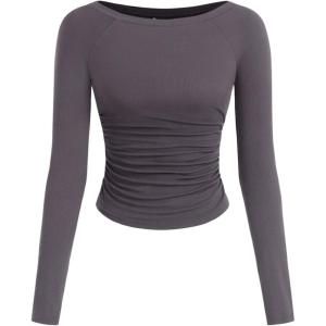 image:imagePRETTYGARDEN Long Sleeve Shirts for Women 2026 Fall Ruched Sides Boat Neck Basic Tee Casual Fitted Ribbed Knit Crop TopsDark Grey