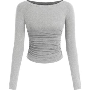image:imagePRETTYGARDEN Long Sleeve Shirts for Women 2026 Fall Ruched Sides Boat Neck Basic Tee Casual Fitted Ribbed Knit Crop TopsGrey