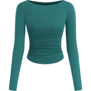 image:imagePRETTYGARDEN Long Sleeve Shirts for Women 2026 Fall Ruched Sides Boat Neck Basic Tee Casual Fitted Ribbed Knit Crop TopsLake Blue