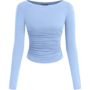 image:imagePRETTYGARDEN Long Sleeve Shirts for Women 2026 Fall Ruched Sides Boat Neck Basic Tee Casual Fitted Ribbed Knit Crop TopsLight Blue
