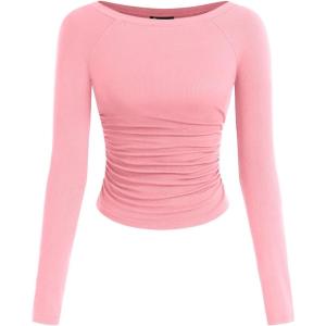 image:imagePRETTYGARDEN Long Sleeve Shirts for Women 2026 Fall Ruched Sides Boat Neck Basic Tee Casual Fitted Ribbed Knit Crop TopsLight Pink