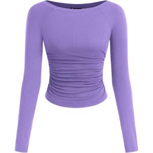 image:imagePRETTYGARDEN Long Sleeve Shirts for Women 2026 Fall Ruched Sides Boat Neck Basic Tee Casual Fitted Ribbed Knit Crop TopsPurple Grey