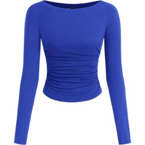 image:imagePRETTYGARDEN Long Sleeve Shirts for Women 2026 Fall Ruched Sides Boat Neck Basic Tee Casual Fitted Ribbed Knit Crop TopsRoyal Blue