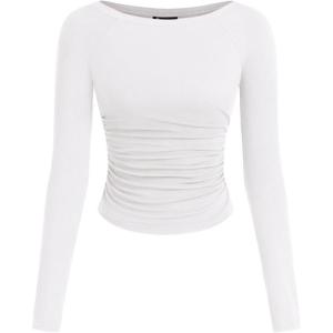 image:imagePRETTYGARDEN Long Sleeve Shirts for Women 2026 Fall Ruched Sides Boat Neck Basic Tee Casual Fitted Ribbed Knit Crop TopsWhite