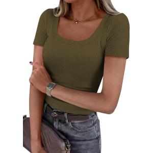 image:imagePRETTYGARDEN Scoop Neck Tops for Women 2026 Summer Basic Tees Trendy Short Sleeve Shirts Spring Casual Fitted Ribbed TopsArmy Green
