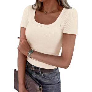 image:imagePRETTYGARDEN Scoop Neck Tops for Women 2026 Summer Basic Tees Trendy Short Sleeve Shirts Spring Casual Fitted Ribbed TopsBeige