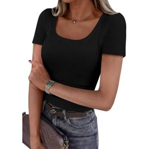 image:imagePRETTYGARDEN Scoop Neck Tops for Women 2026 Summer Basic Tees Trendy Short Sleeve Shirts Spring Casual Fitted Ribbed TopsBlack