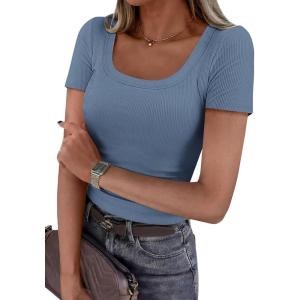 image:imagePRETTYGARDEN Scoop Neck Tops for Women 2026 Summer Basic Tees Trendy Short Sleeve Shirts Spring Casual Fitted Ribbed TopsBlue Grey