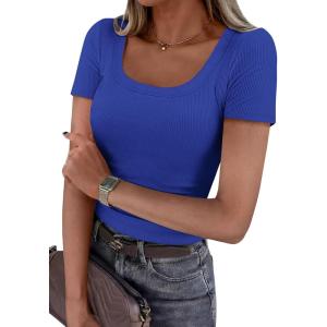 image:imagePRETTYGARDEN Scoop Neck Tops for Women 2026 Summer Basic Tees Trendy Short Sleeve Shirts Spring Casual Fitted Ribbed TopsBrilliant Blue