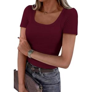 image:imagePRETTYGARDEN Scoop Neck Tops for Women 2026 Summer Basic Tees Trendy Short Sleeve Shirts Spring Casual Fitted Ribbed TopsBurgundy