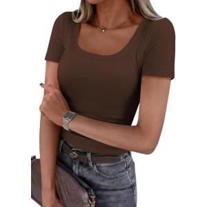 image:imagePRETTYGARDEN Scoop Neck Tops for Women 2026 Summer Basic Tees Trendy Short Sleeve Shirts Spring Casual Fitted Ribbed TopsCoffee