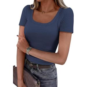 image:imagePRETTYGARDEN Scoop Neck Tops for Women 2026 Summer Basic Tees Trendy Short Sleeve Shirts Spring Casual Fitted Ribbed TopsDark Blue