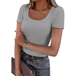 image:imagePRETTYGARDEN Scoop Neck Tops for Women 2026 Summer Basic Tees Trendy Short Sleeve Shirts Spring Casual Fitted Ribbed TopsGrey