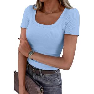 image:imagePRETTYGARDEN Scoop Neck Tops for Women 2026 Summer Basic Tees Trendy Short Sleeve Shirts Spring Casual Fitted Ribbed TopsLight Blue