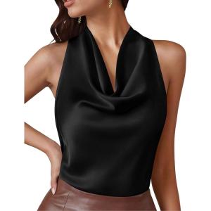 image:imagePRETTYGARDEN Silk Satin Halter Tops for Women Summer 2026 Cowl Neck Tie Back Going Out Sleeveless Business Casual Tank TopBlack