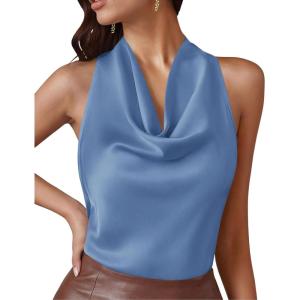 image:imagePRETTYGARDEN Silk Satin Halter Tops for Women Summer 2026 Cowl Neck Tie Back Going Out Sleeveless Business Casual Tank TopBlue