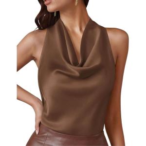 image:imagePRETTYGARDEN Silk Satin Halter Tops for Women Summer 2026 Cowl Neck Tie Back Going Out Sleeveless Business Casual Tank TopBrown