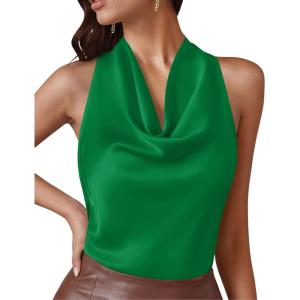 image:imagePRETTYGARDEN Silk Satin Halter Tops for Women Summer 2026 Cowl Neck Tie Back Going Out Sleeveless Business Casual Tank TopGreen