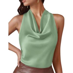 image:imagePRETTYGARDEN Silk Satin Halter Tops for Women Summer 2026 Cowl Neck Tie Back Going Out Sleeveless Business Casual Tank TopLight Green