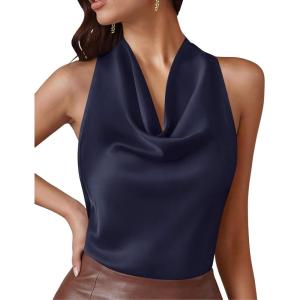 image:imagePRETTYGARDEN Silk Satin Halter Tops for Women Summer 2026 Cowl Neck Tie Back Going Out Sleeveless Business Casual Tank TopNavy