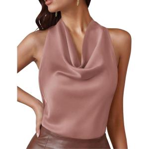 image:imagePRETTYGARDEN Silk Satin Halter Tops for Women Summer 2026 Cowl Neck Tie Back Going Out Sleeveless Business Casual Tank TopPink