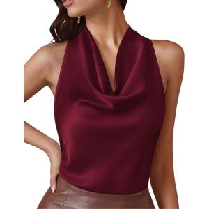 image:imagePRETTYGARDEN Silk Satin Halter Tops for Women Summer 2026 Cowl Neck Tie Back Going Out Sleeveless Business Casual Tank TopWine Red