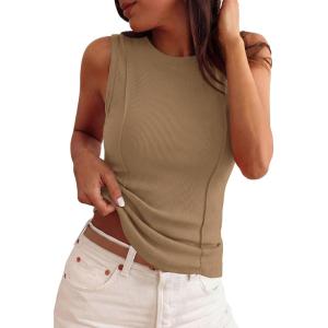 image:imagePRETTYGARDEN Sleeveless Tops for Women 2026 Summer Ribbed Tank Top Fitted Shirts Basic Tees Cute Spring Going Out Y2k ClothesCamel