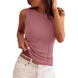image:imagePRETTYGARDEN Sleeveless Tops for Women 2026 Summer Ribbed Tank Top Fitted Shirts Basic Tees Cute Spring Going Out Y2k ClothesPink