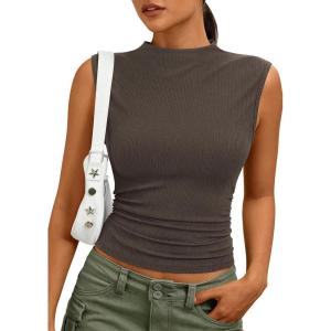 image:imagePRETTYGARDEN Sleeveless Tops for Women Ribbed Mock Neck Tank Top Slim Fitted Ruched Basic Layering Shirts 2026 Summer ClothesBrown
